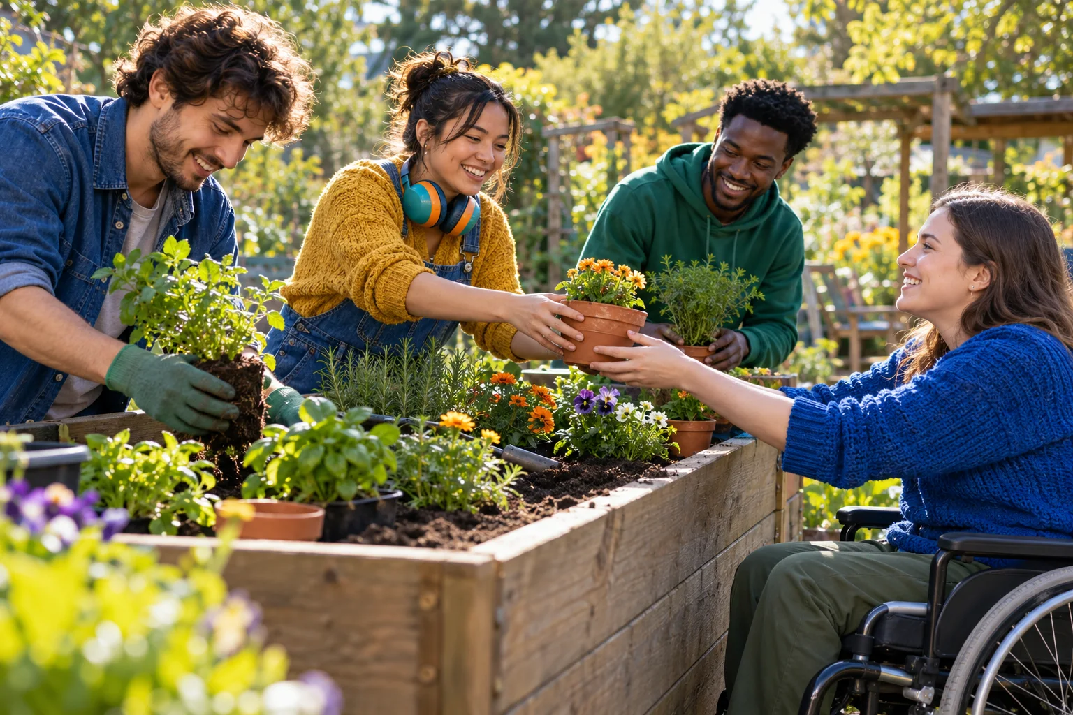 Illustration of adult friends, including a wheelchair user, sharing a gardening activity