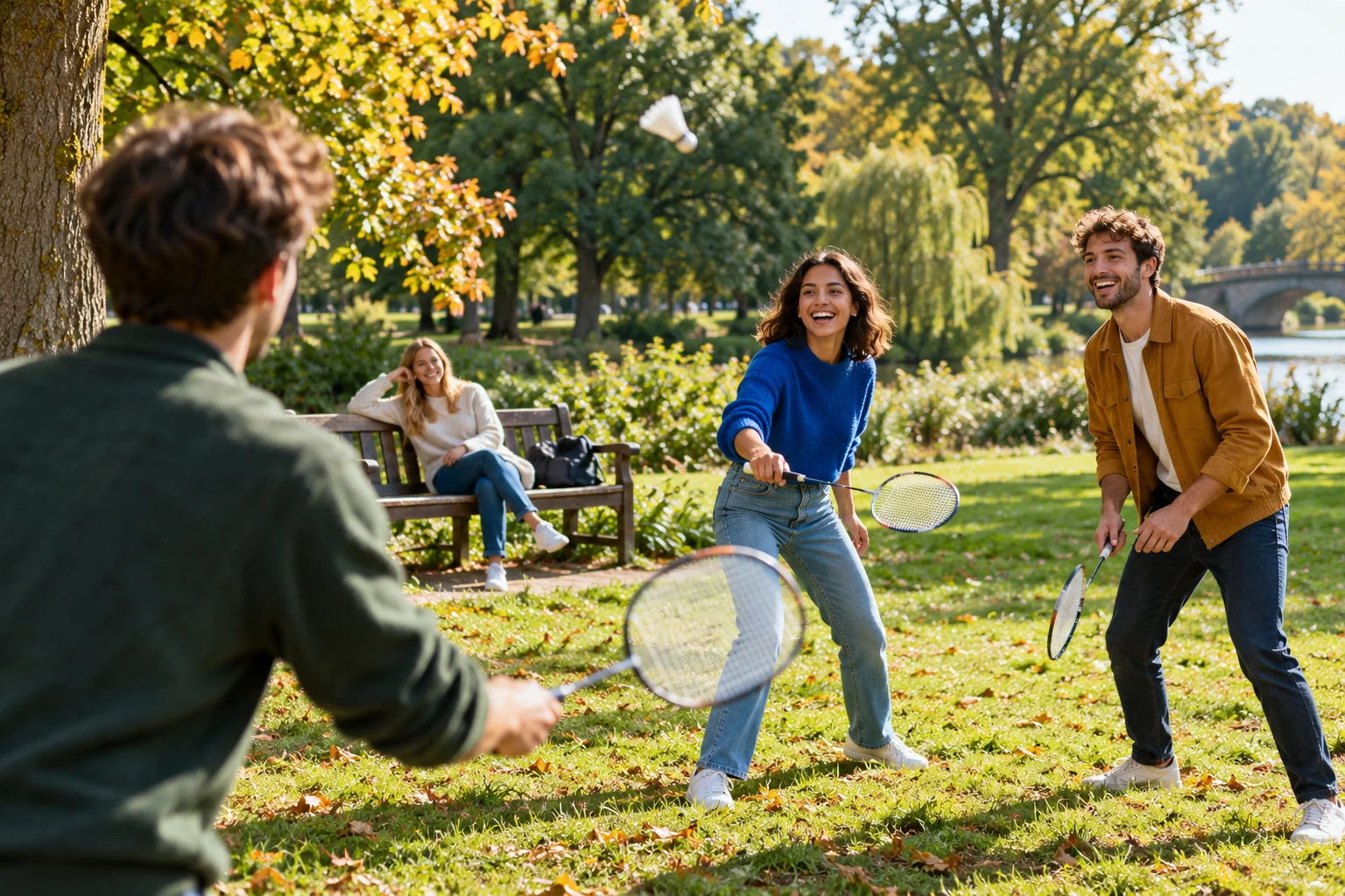 Illustration of adult friends enjoying badminton in a leafy park